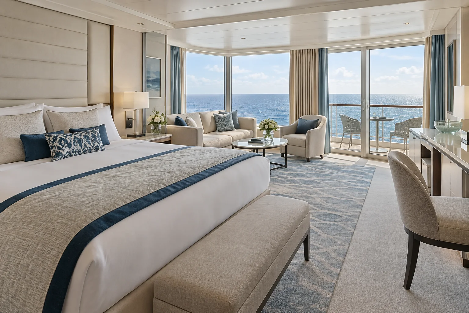 Bright cruise ship suite with panoramic sea windows and a private balcony